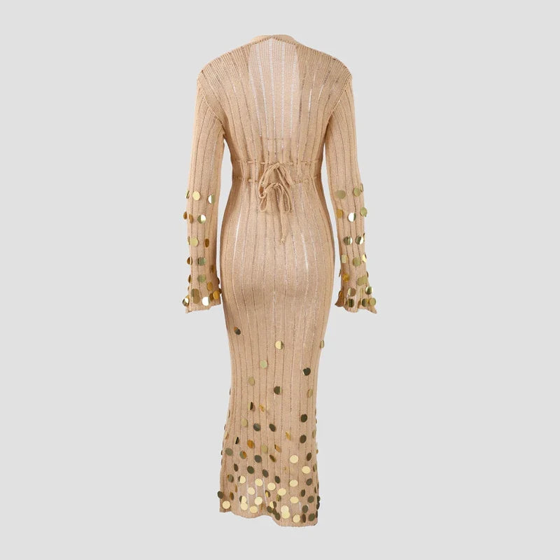 Beige Deep Neck Sequin Knitted Maxi Dress 