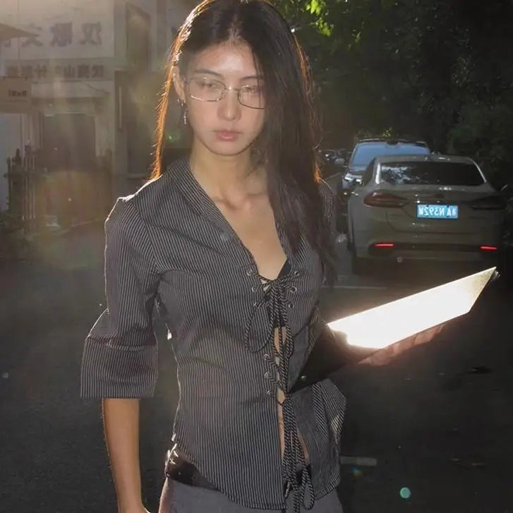 Striped Half Sleeve Lace Up Shirt