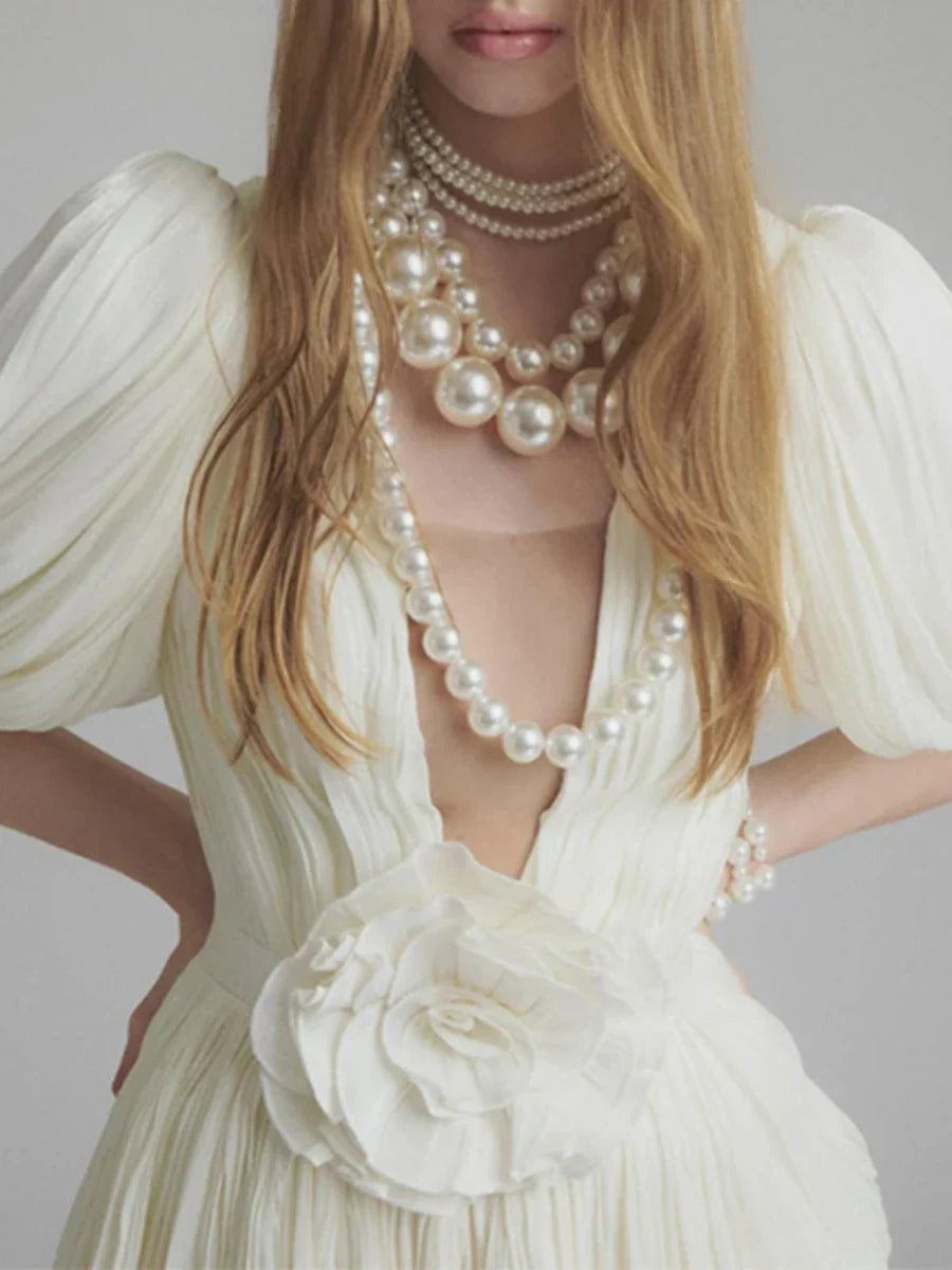 White Solid Spliced Appliqués Puff Mini Dress