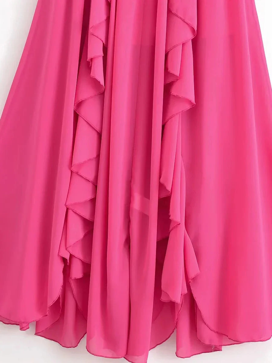 Pink Halter Ribbon Ruffles Frill Midi Dress
