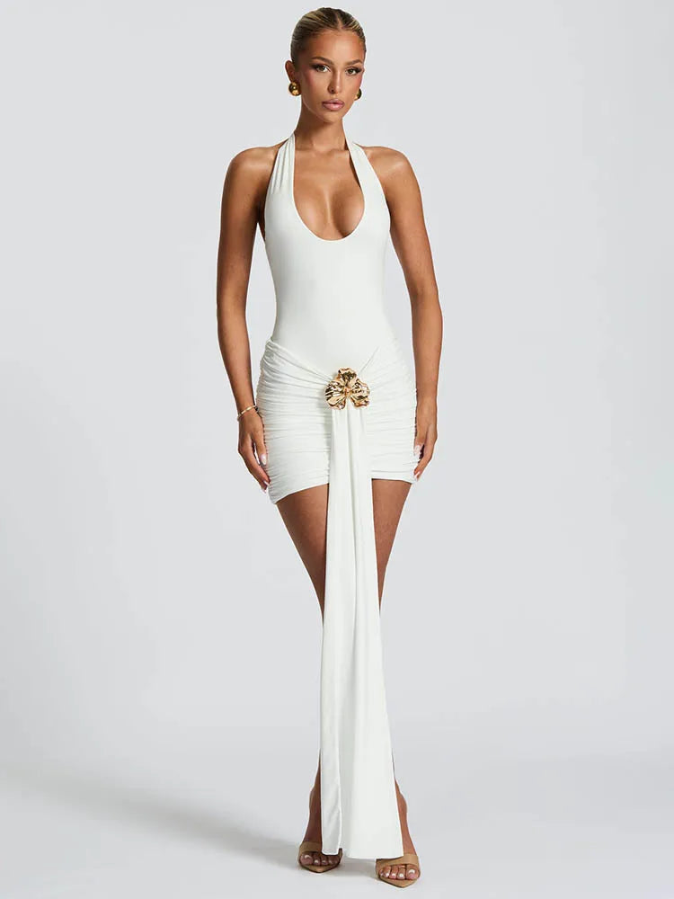 Halter Metal Flower Draped Ruched Mini Dress