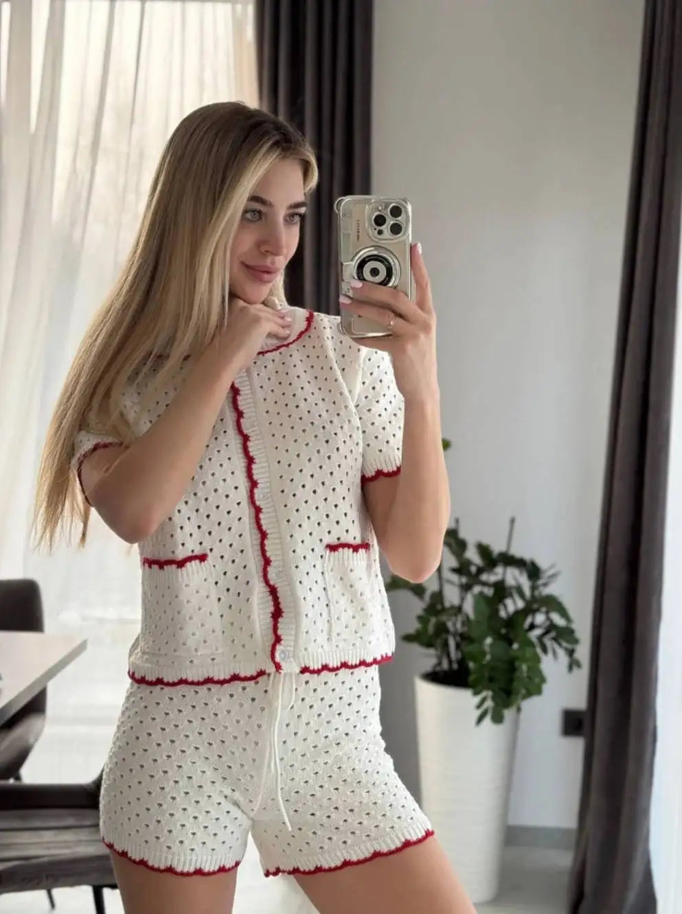 White Knitted Short Sleeve Top And Shorts Set