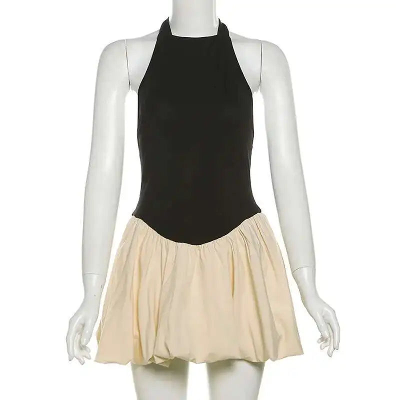 Sleeveless Puff Patchwork Mini Dress