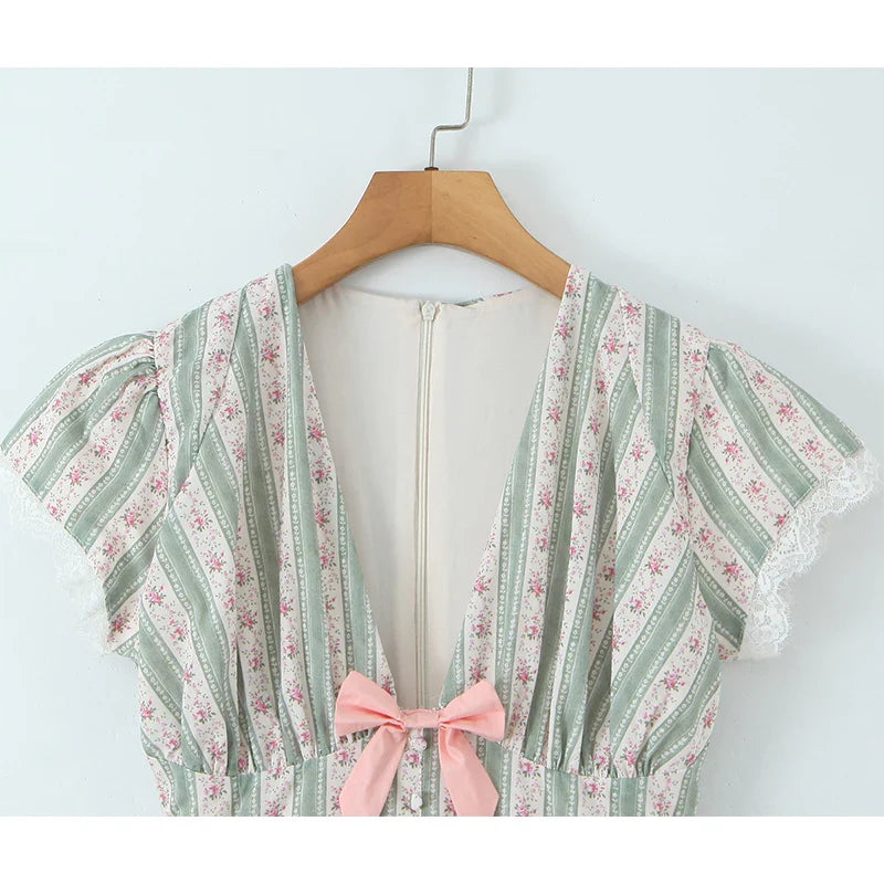 Green Striped Floral Print Short Sleeve Mini Dress