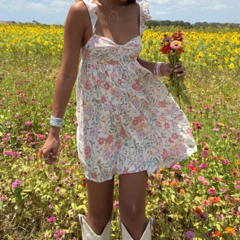 Floral/Solid Frill Strap Flowy Mini Dress