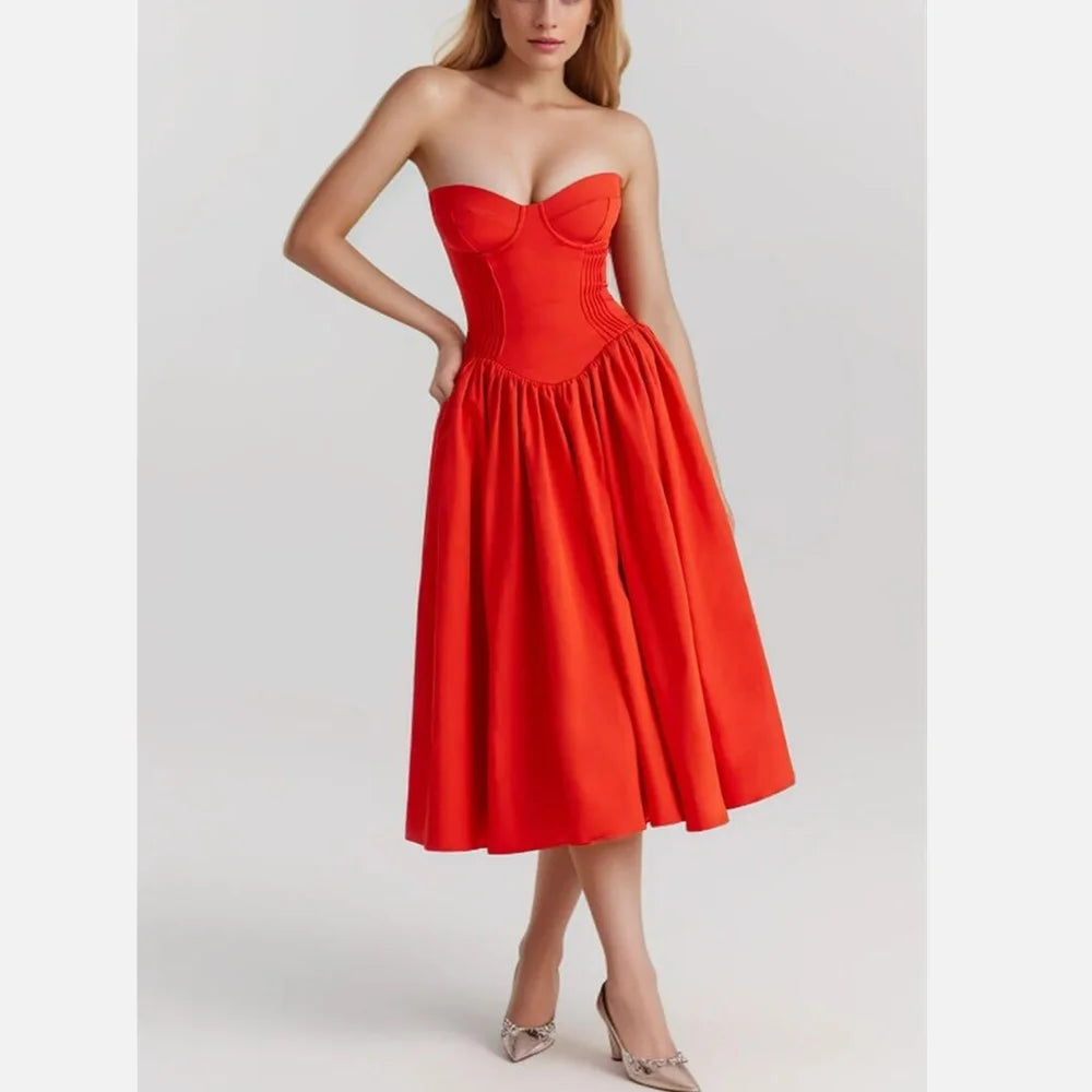 Red Bustier Pleated Flare Midi Dress