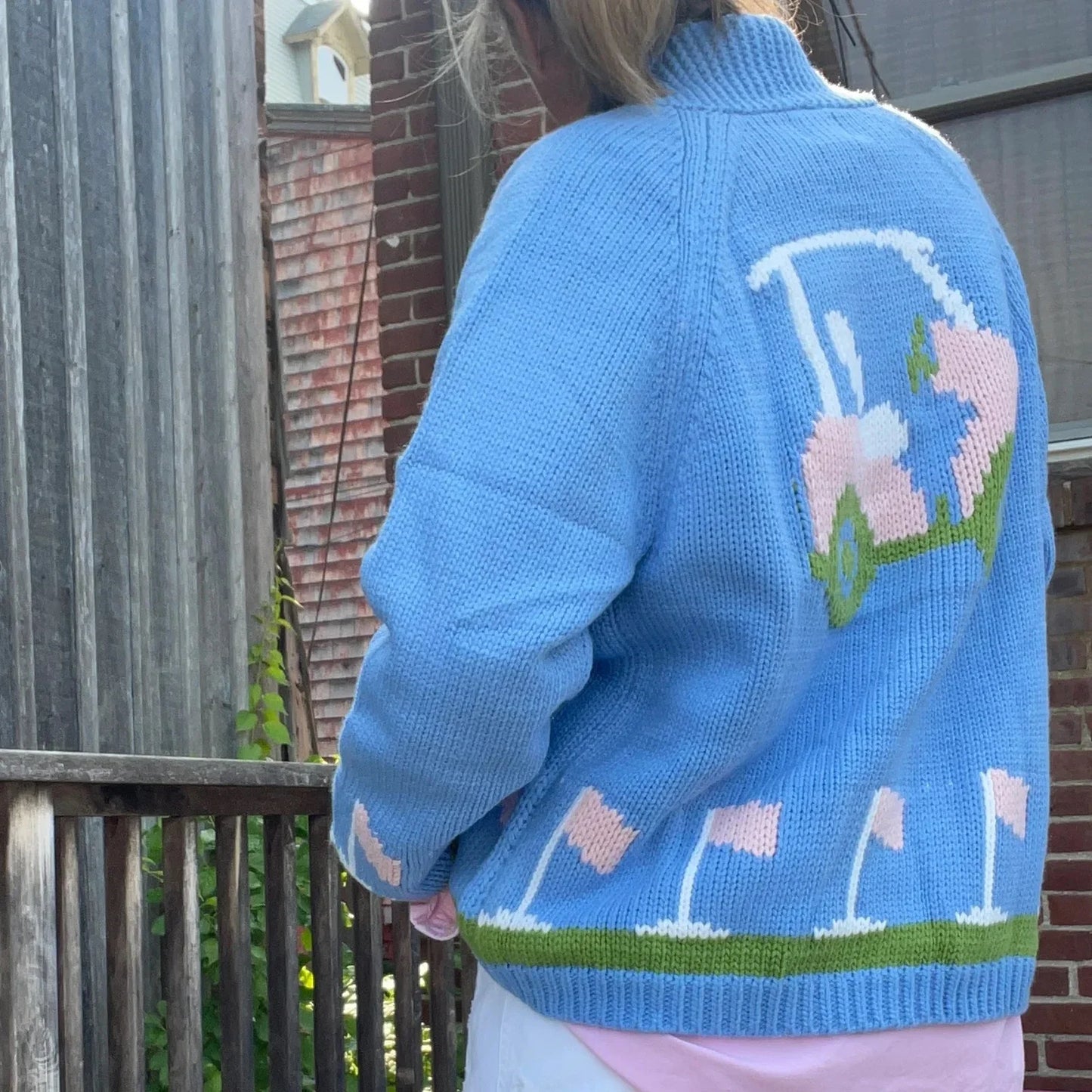 Blue Golf Car/Heart Print Long Sleeve Lapel Button-down Knitwear Cardigan with Pockets