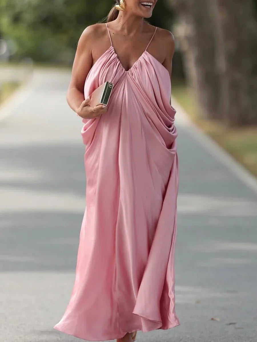 Pink Satin Drape Style Maxi Dress