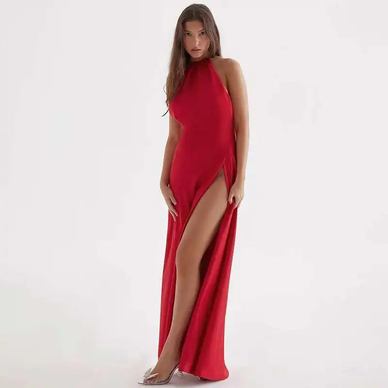 Satin High Split Open Back Maxi Dress