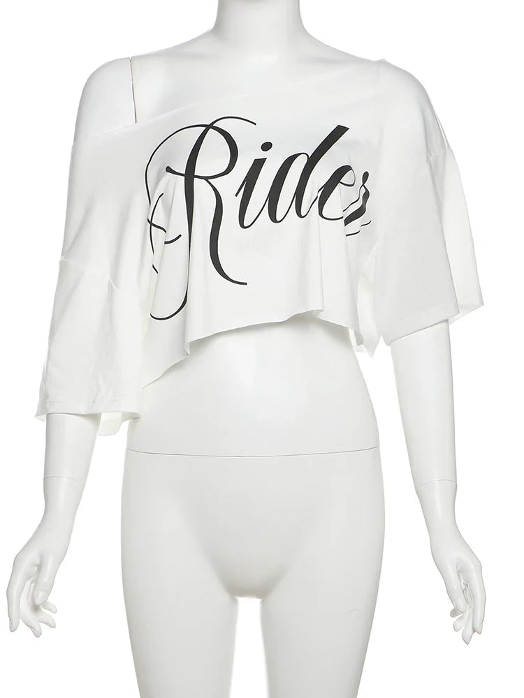 White Off-shoulder Loose Cropped Rider Top