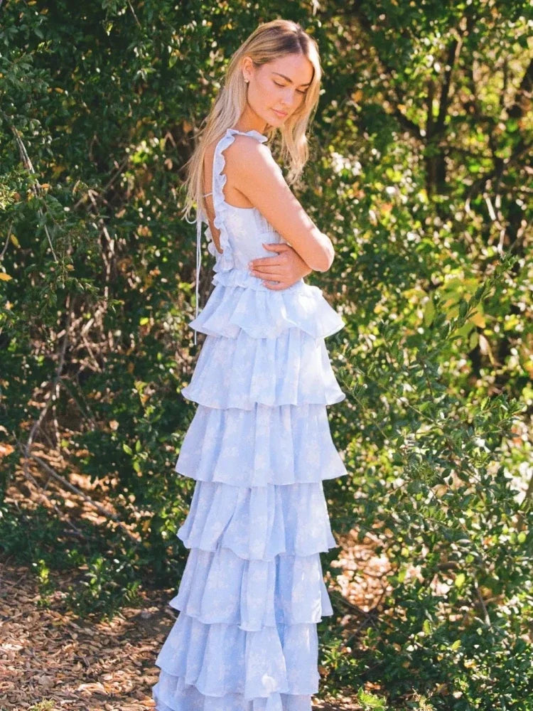 Blue Ruffles Layered Maxi Dress