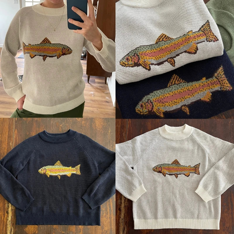 Round Neck Fish Print Knitwear Pullover