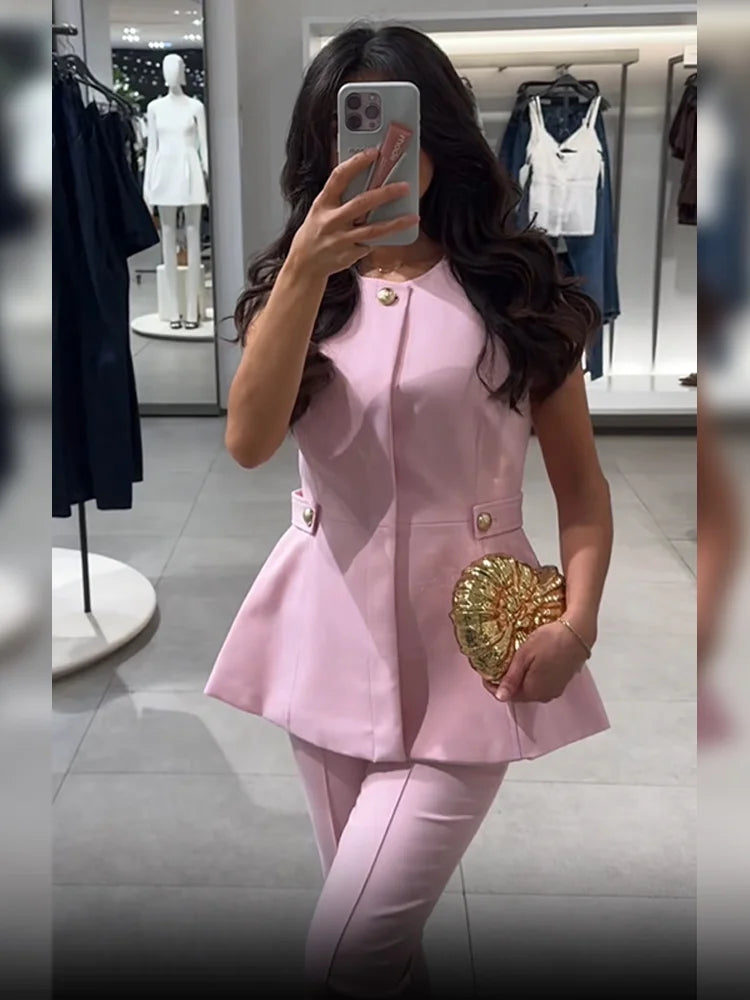 Pink High Neck Vest And Pants Set