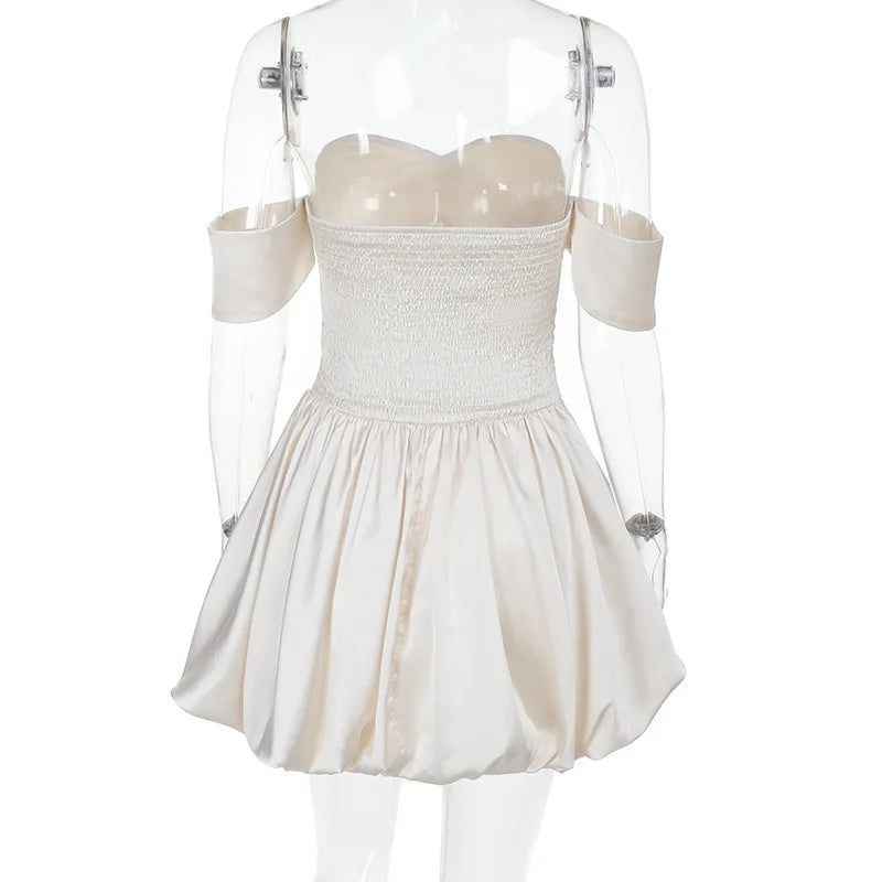 White Satin Off Shoulder Elastic Puff Mini Dress
