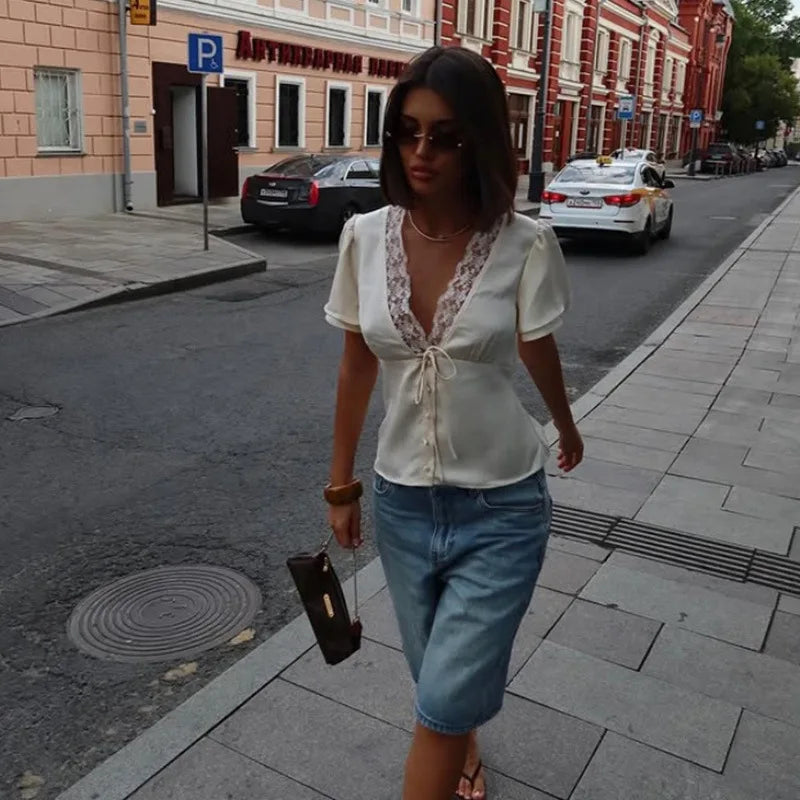 White Lace V-Neck Top