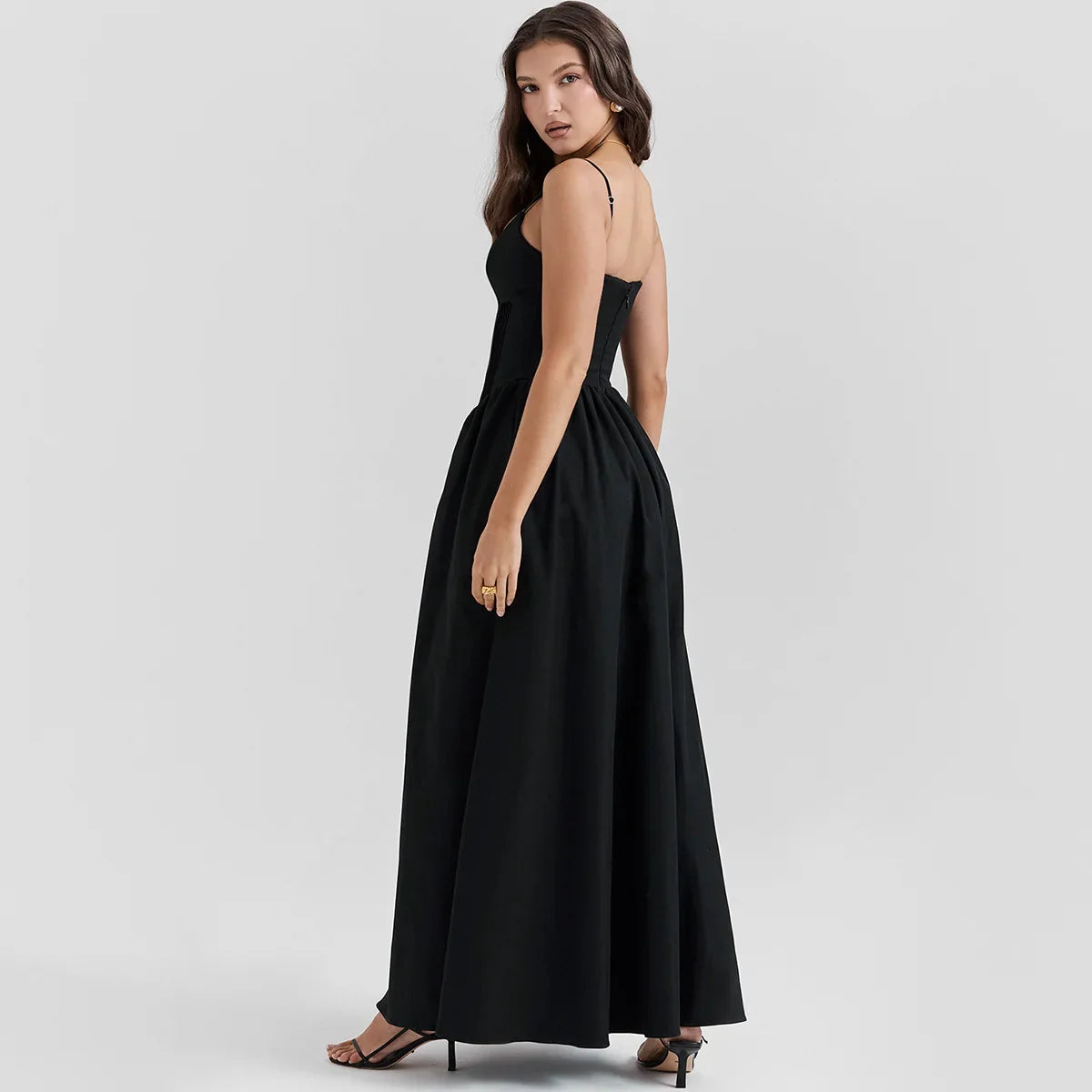 Black Buttoned  V-Neck Spaghetti Strap Maxi Dress