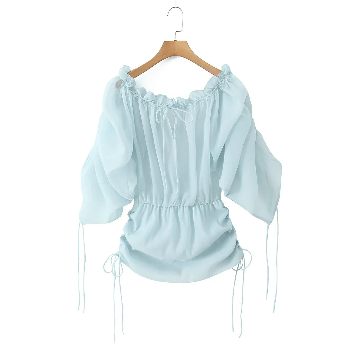 Mesh Long Sleeve Drawstring Chiffon Off Shoulder Mini Dress