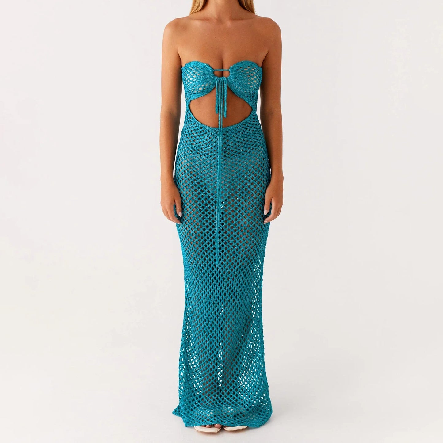 Blue Knit Tie-Up Front Tube Dress - High Street Sheath