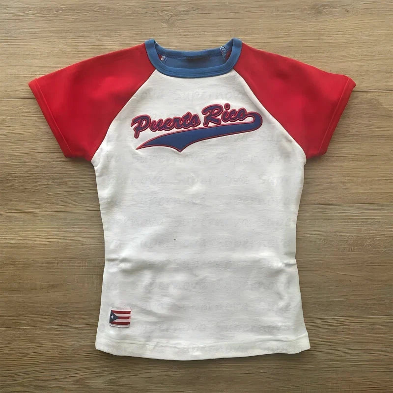 Puerto Rico Letter Graphic Short-sleeved Top - Casual Regular Fi