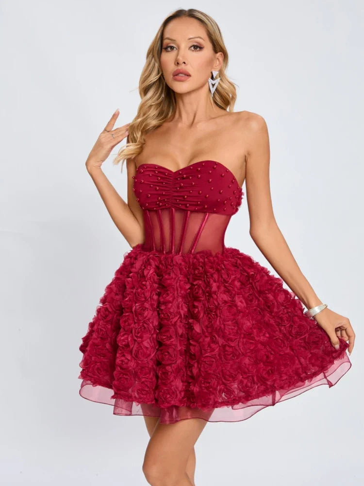Red Mesh 3d Floral Frill Beaded Strapless Mini Dress