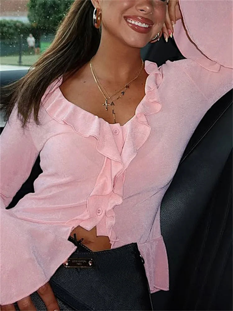 V-Neck Ruffled Long Sleeve Top