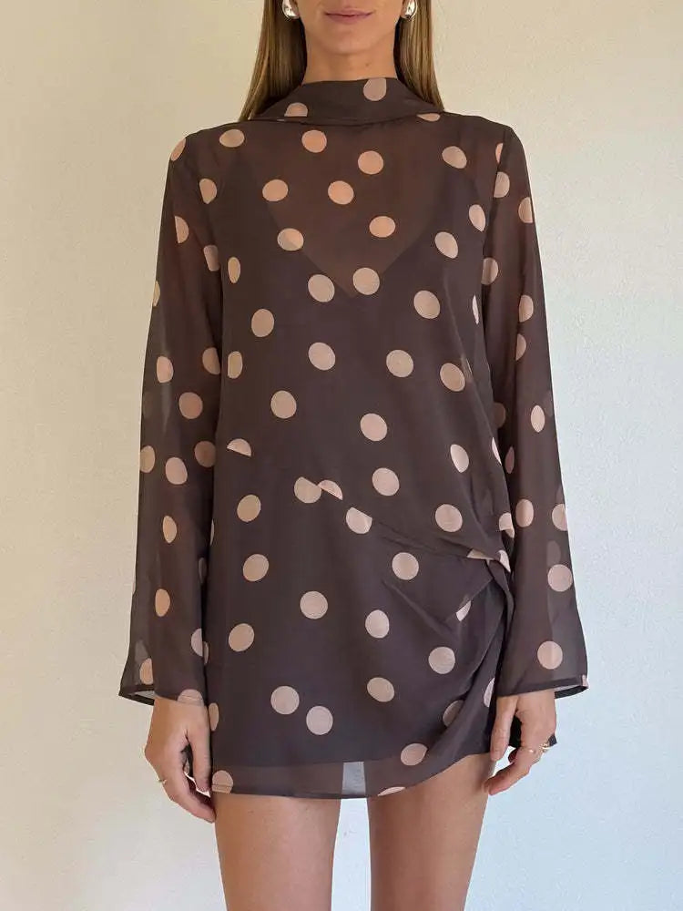 Long Sleeve Chiffon Ribbon Mesh Mini Dress