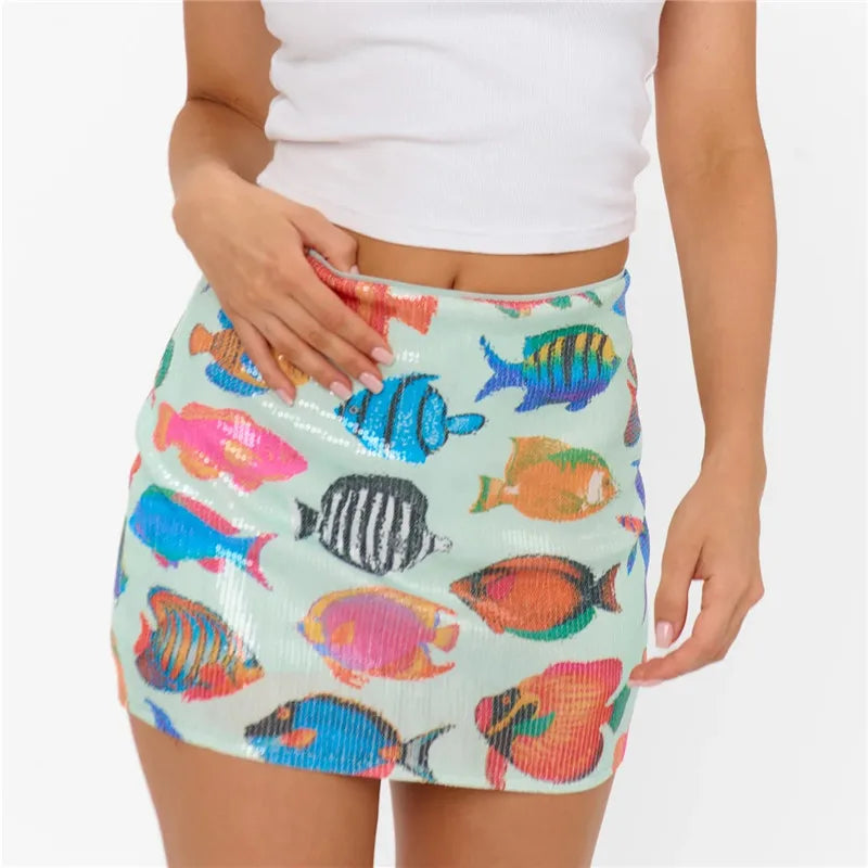 Sequin Fish Print Bodycon Pencil Mini Skirt