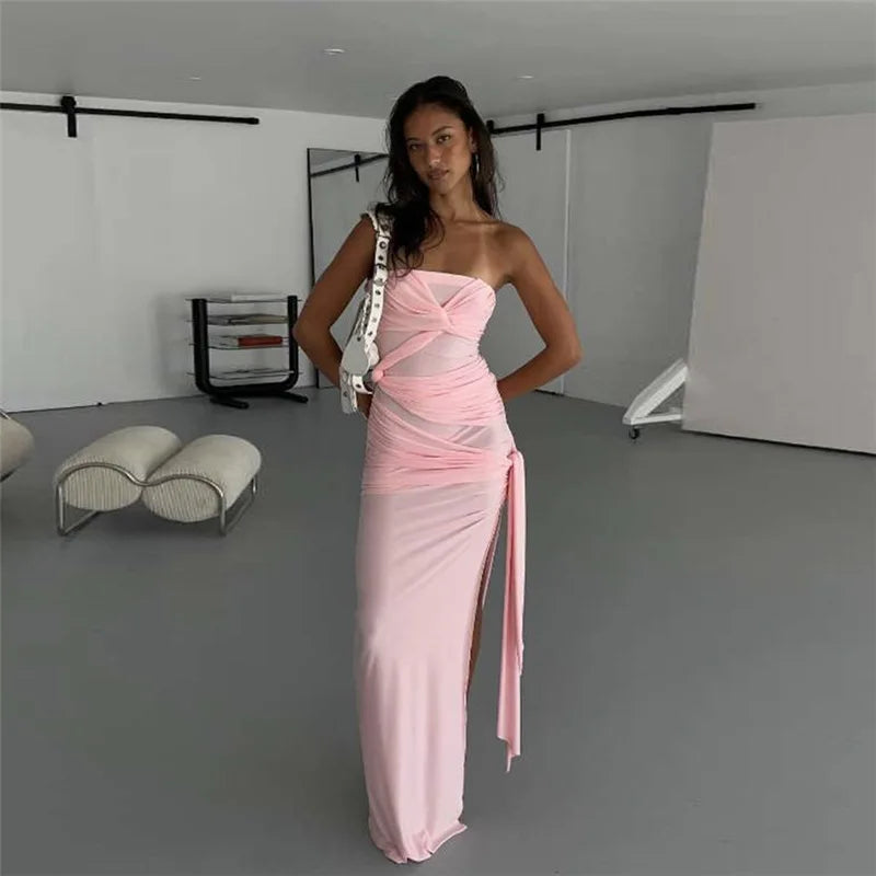 Strapless Pink Tie Up Mesh Midi Dress