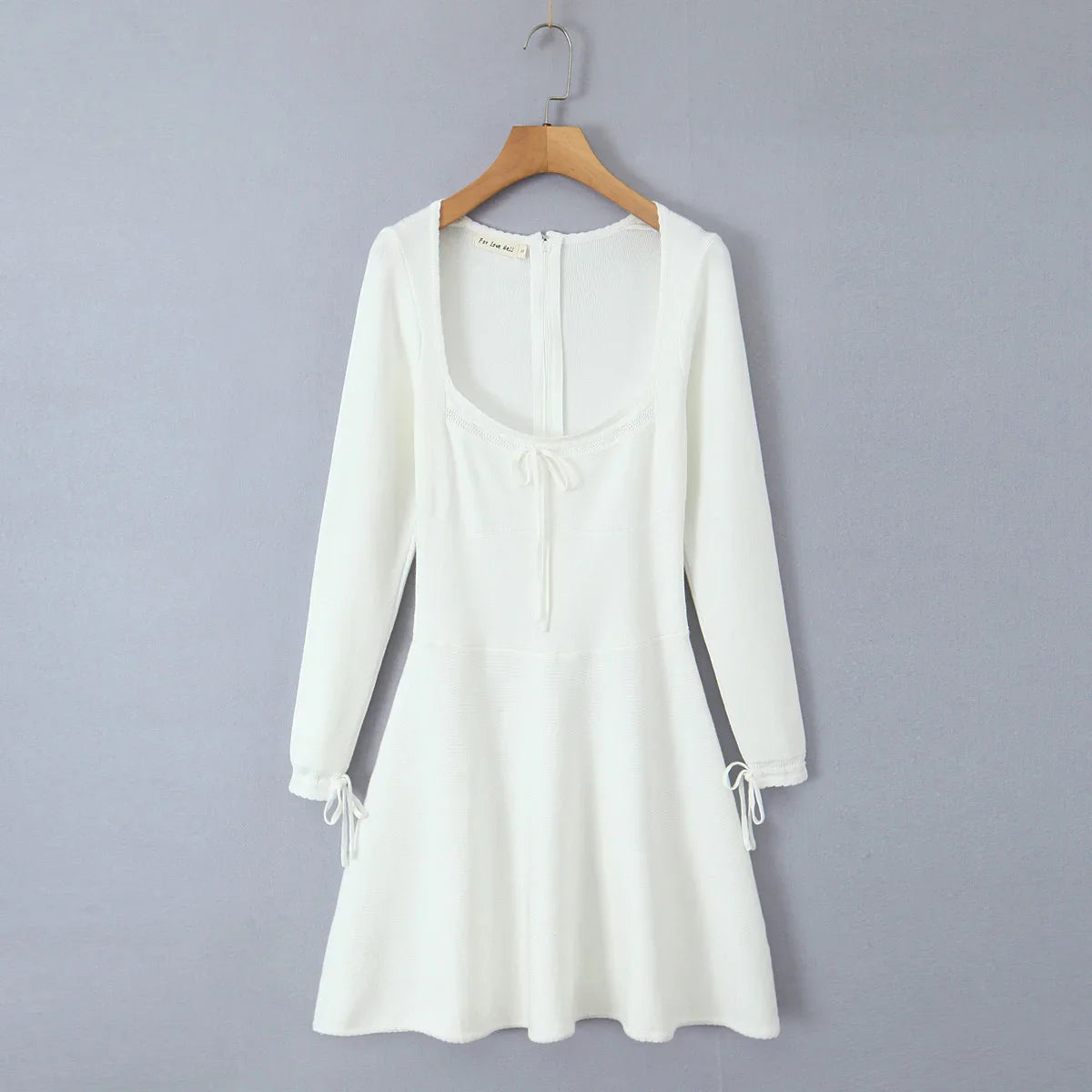 Ribbed Square Neck Long Sleeve Ribbion Mini Dress