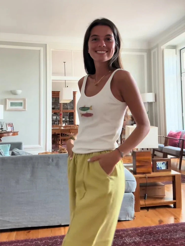 White 3d Beading Embroidery Tank Top