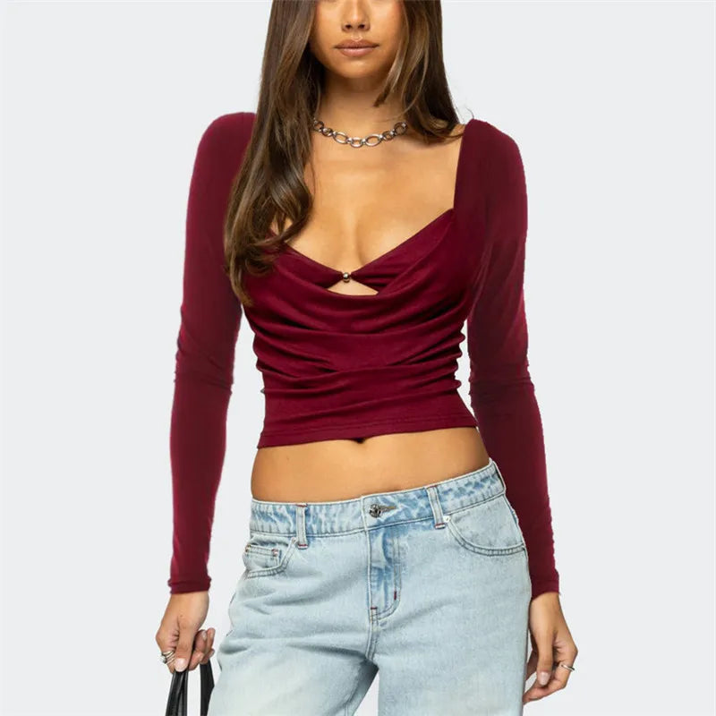 Long Sleeve Pearl Cowl Neck Bralette Top