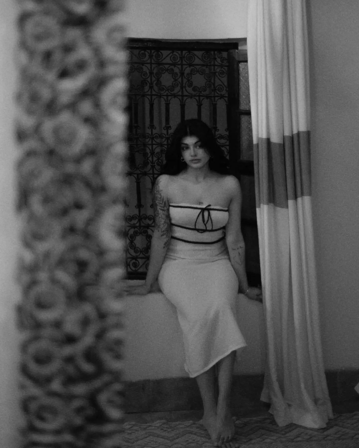 Knit Tube Black Stripe Tie-Up Midi Dress