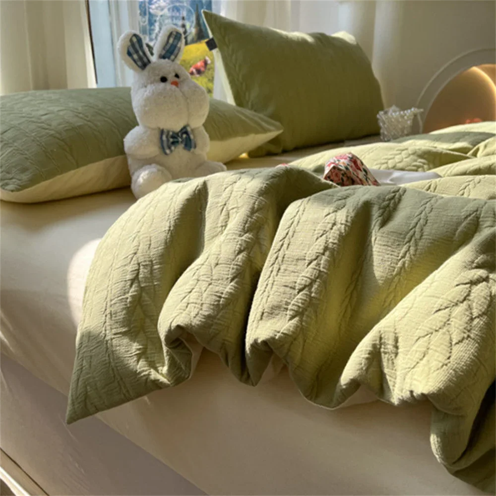 Knitted Washed Cotton Bed Four Piece Set with Ins Style Simple and High-end Feeling, Bed Sheet Duvet Set Three Piece Set