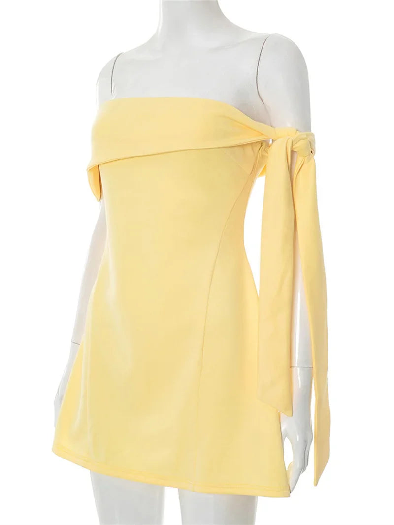 Off-shoulder Tie Up Solid Mini Dress