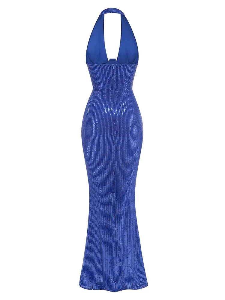 Sequin Halter Deep Neck Maxi Dress