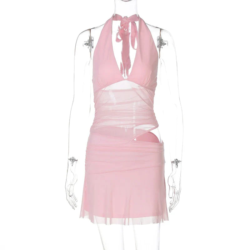 Pink Mesh Patchwork Mini Dress