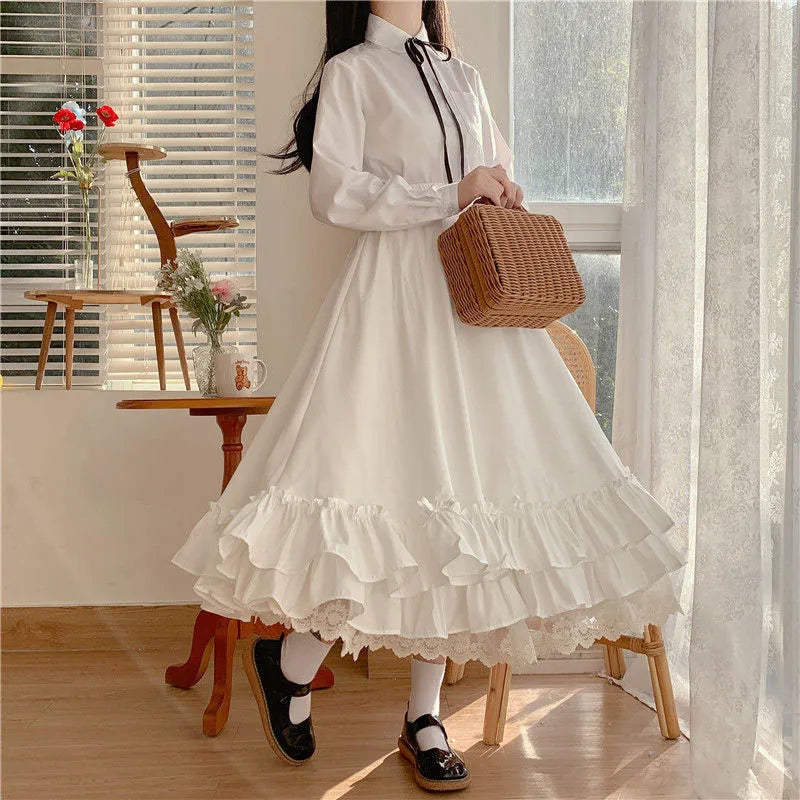 Ruffles Lace Trim Bow Maxi Skirt - Preppy A-Line