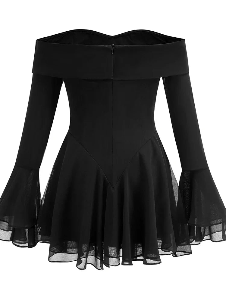 Off-shoulder Long Flare Sleeve Bow Mini Dress