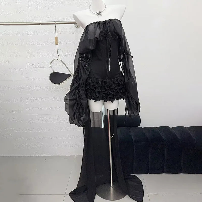 Off-Shoulder Long Sleeve Ruffles Mini Dress