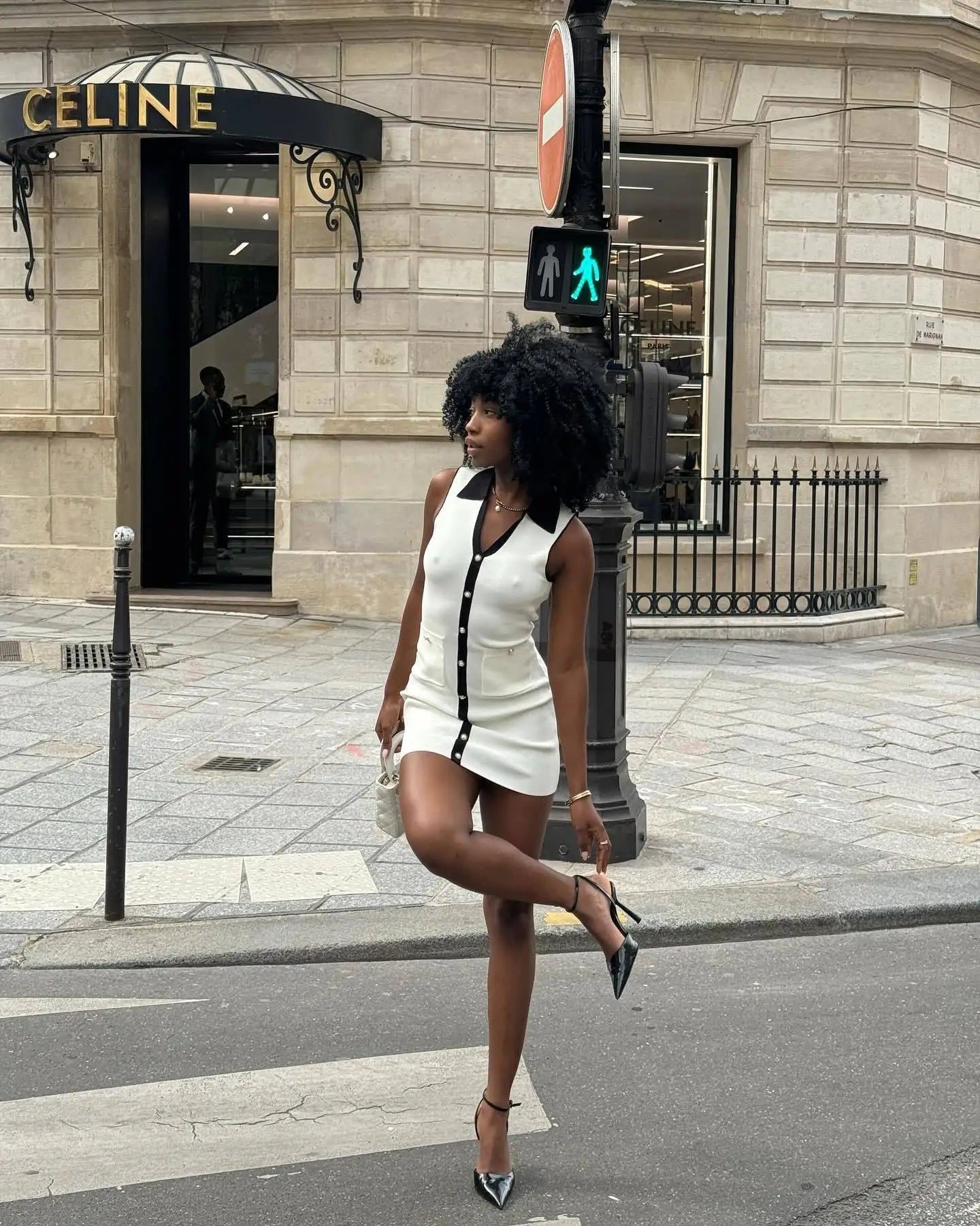 White Contrast Buttoned Collar Mini Dress