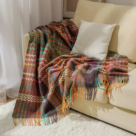 Textile City Ins Ethnic Style Woven Sofa Blanket Wavy Tassel Casual Shawl Throw Blanket Room Decor Acrylic Shawl 127x172cm