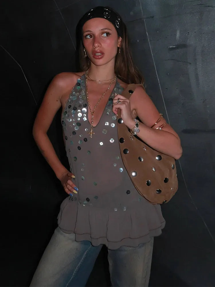 Grey Halter Bead Sequin Mesh Mini Dress