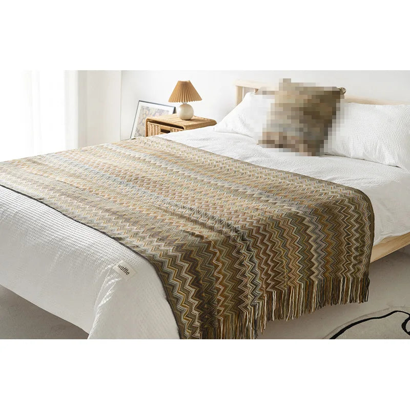 Bohemian Style Blanket Tassels Shawl Yarn Dyed Blanket Sofa Towel manta Home Bedside Blanket Decoration Plaid (No Pillowcase)