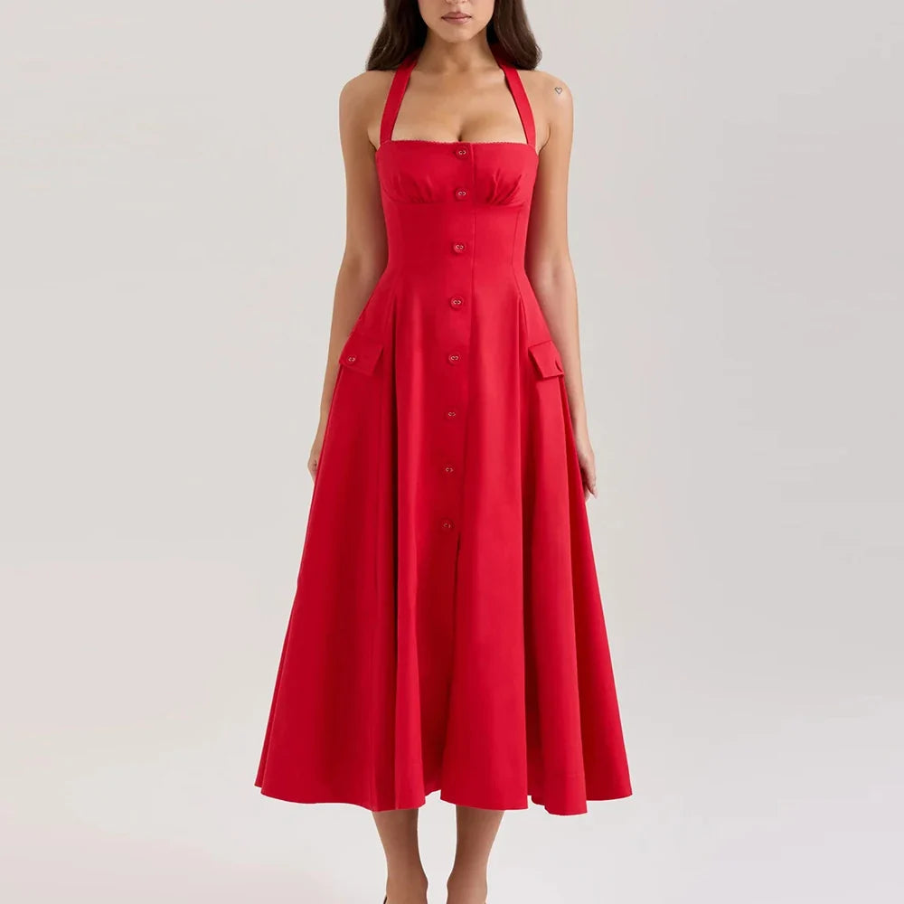 Printed Halter Flare Midi Dress