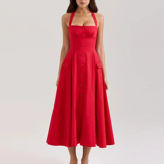 Printed Halter Flare Midi Dress