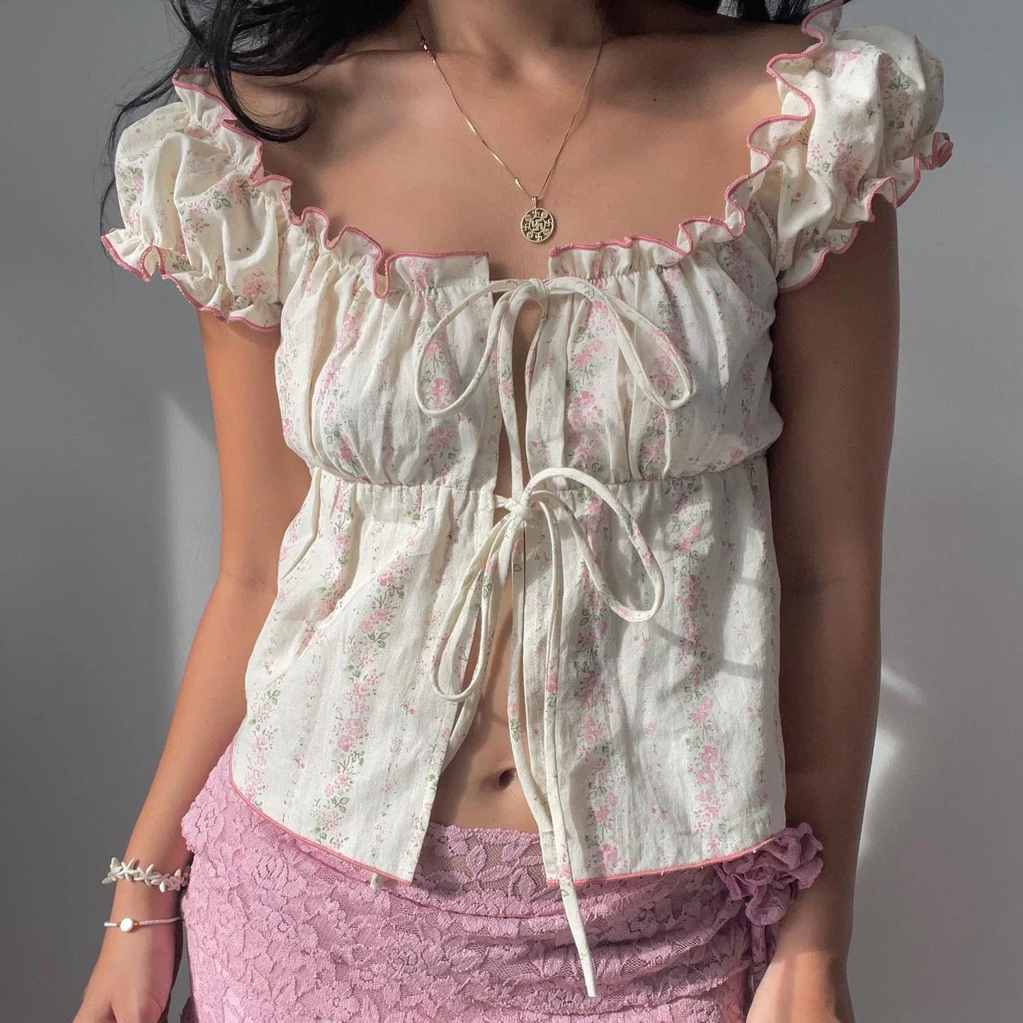 White Puff Sleeve Tie Up Printed Top