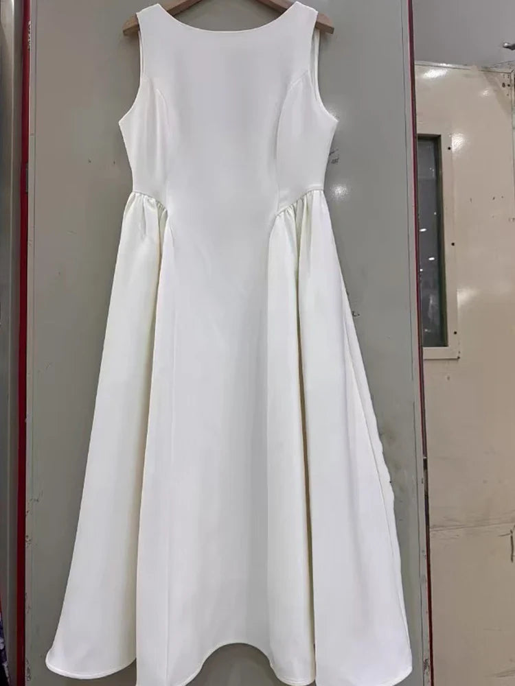 Solid Round Neck Waist A-line Sleeveless Midi Dress