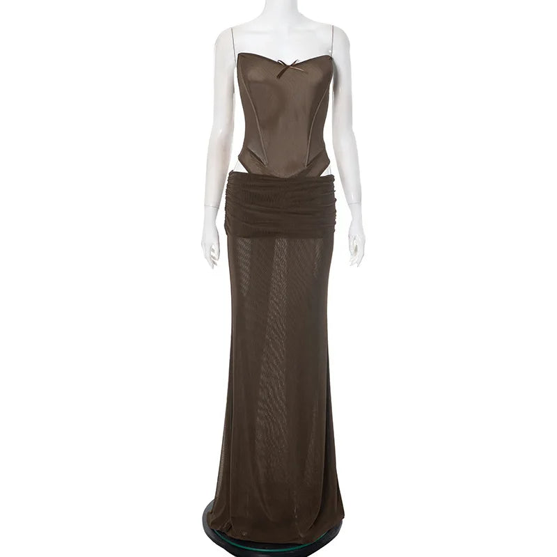 Brown Mesh Corset Bodysuit And Maxi Skirt Set