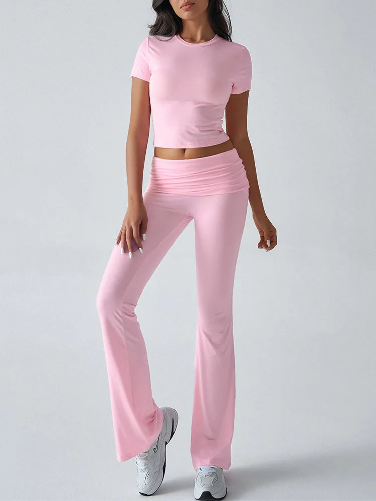 Slim Fit Two Piece Short Sleeve Top & Pant Set - Athleisure Workout Style