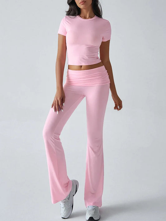 Slim Fit Two Piece Short Sleeve Top & Pant Set - Athleisure Workout Style